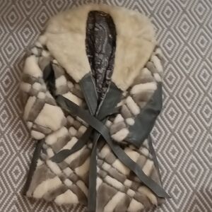 Faux Gray And White Leather And Fur Coat Open Front Belted One Of A Kind No Tags